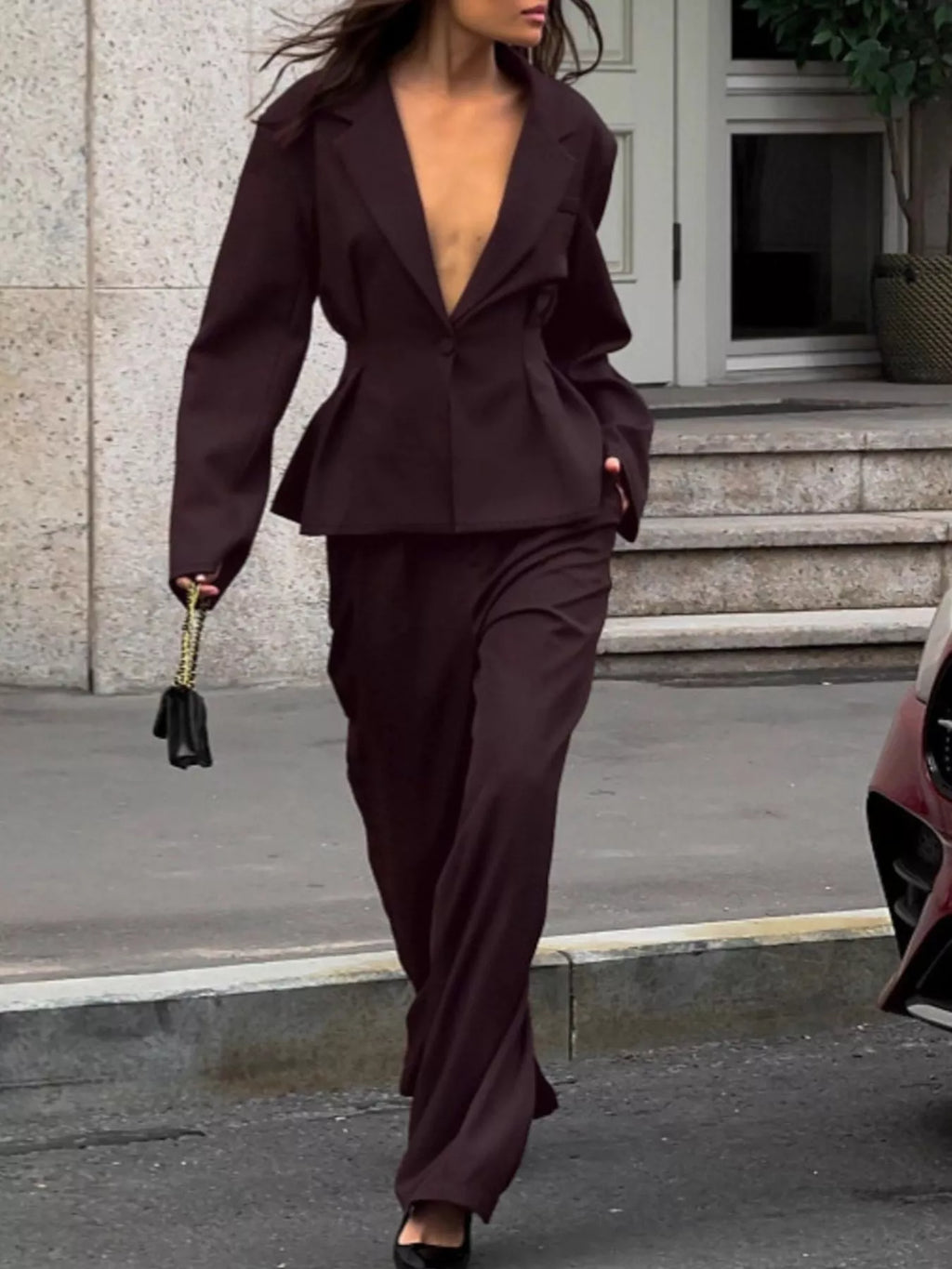 One-Button Blazer and Wide-Leg Pants Set