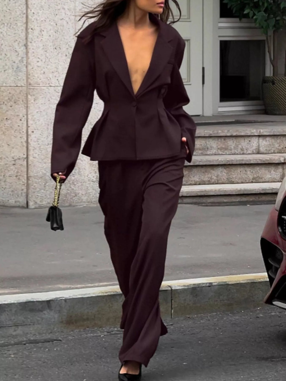 One-Button Blazer and Wide-Leg Pants Set