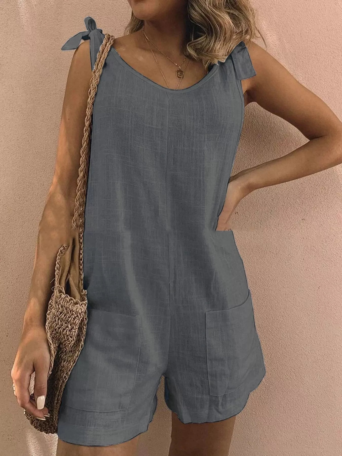 Full Size Tie-Shoulder Romper with Pockets Plus Size