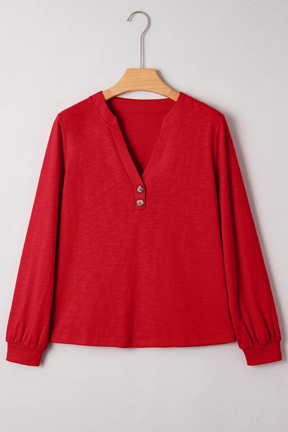 Solid V-Neck Button Long Sleeve Top