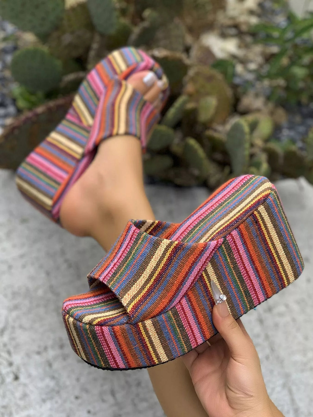 Striped Platform Wedge Sandals