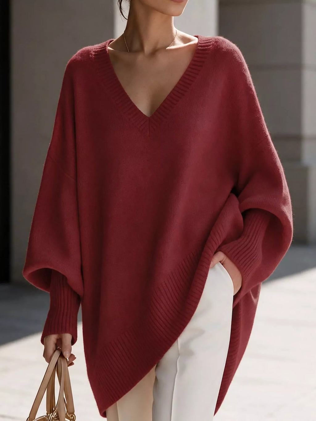Full Size V-Neck Oversized Batwing Sleeve Sweater Plus Size