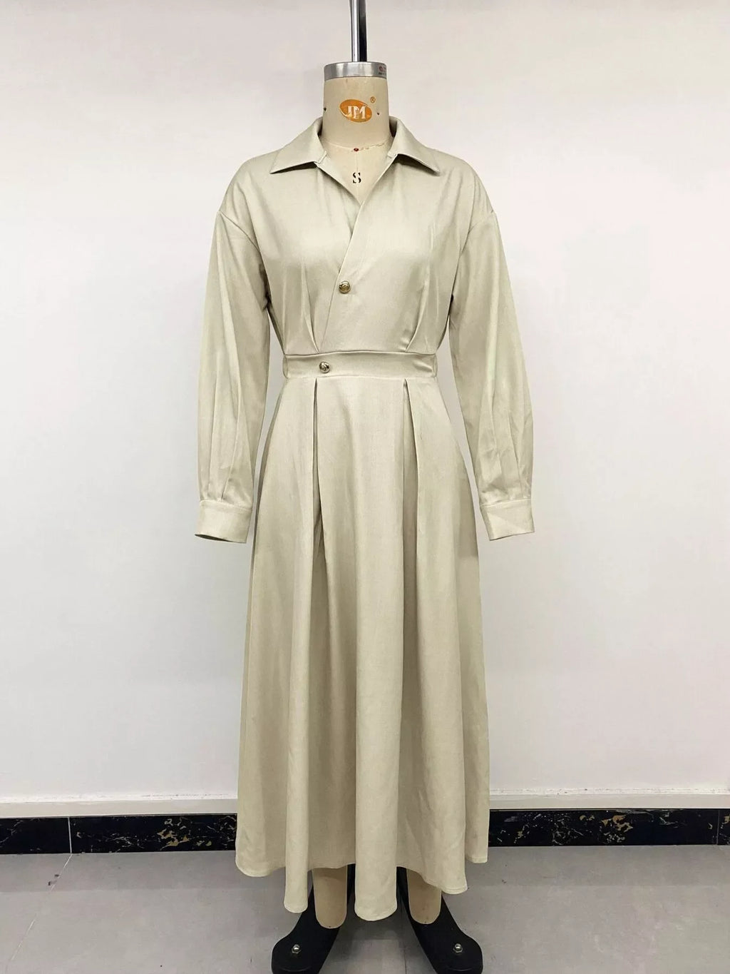 Pleated Button Detail Long Sleeve Shirt Dress