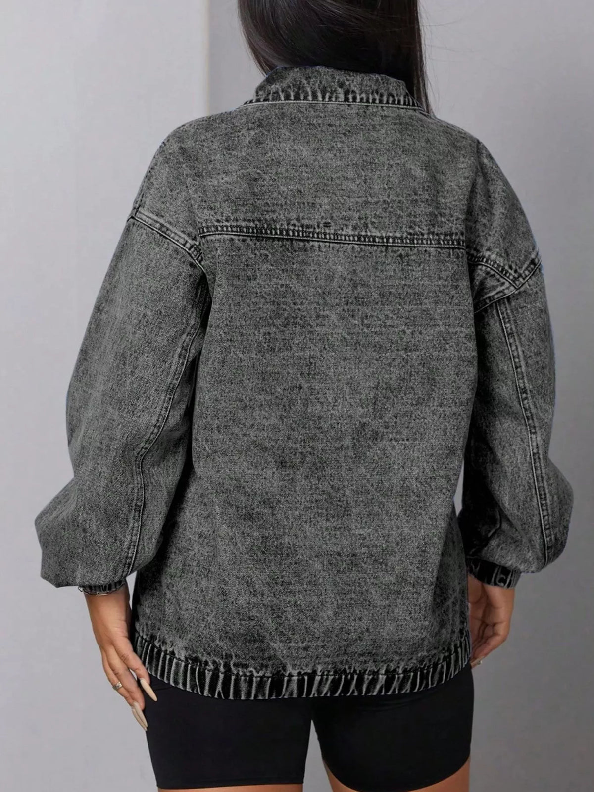 Elastic Hem Quarter Zip Denim Top