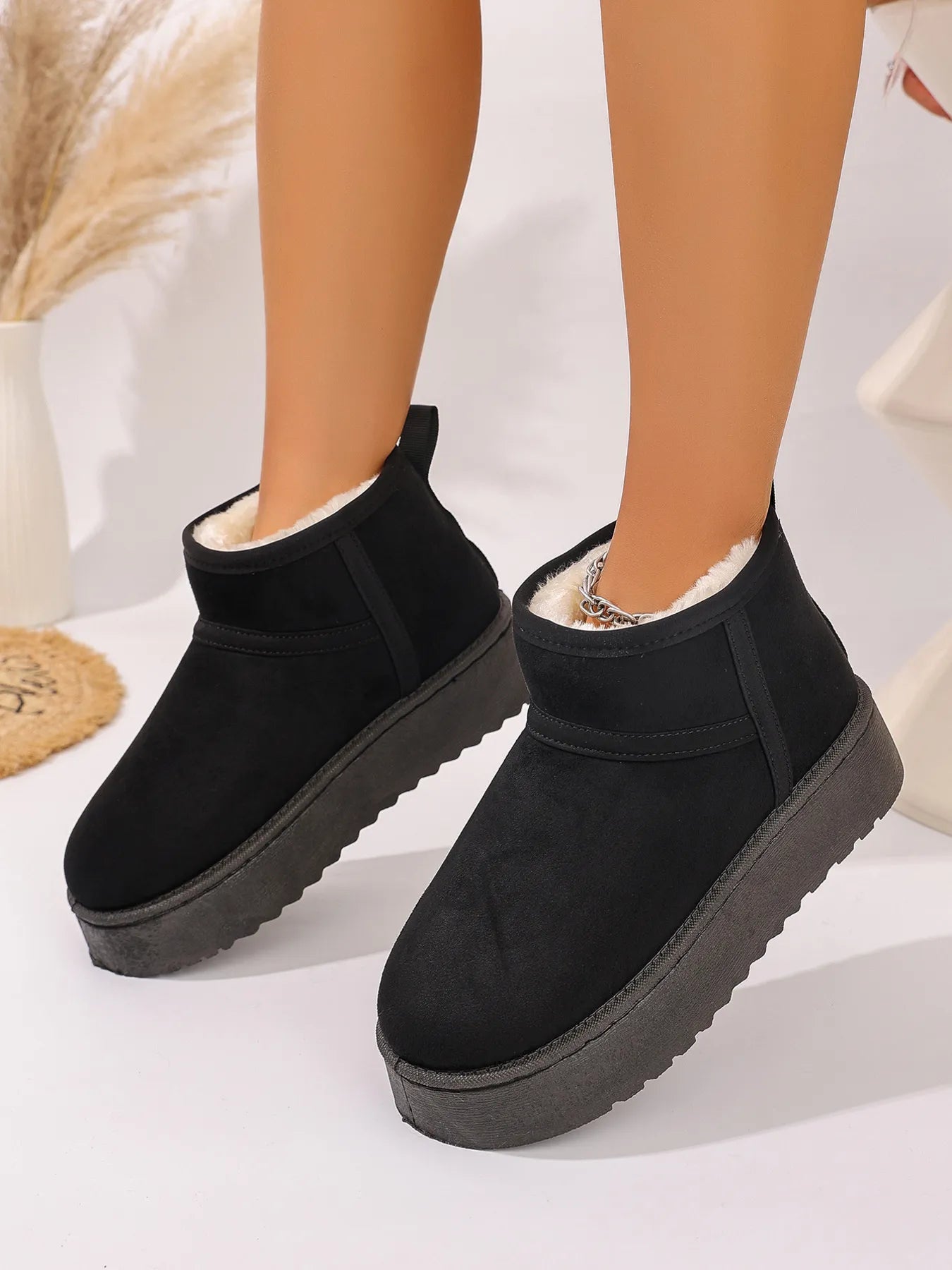 Platform Winter Ankle Boots with Cozy Fleece Lining