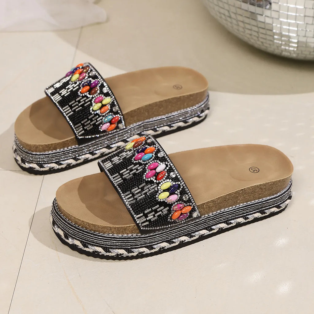 Beaded Open Toe Platform Sandals