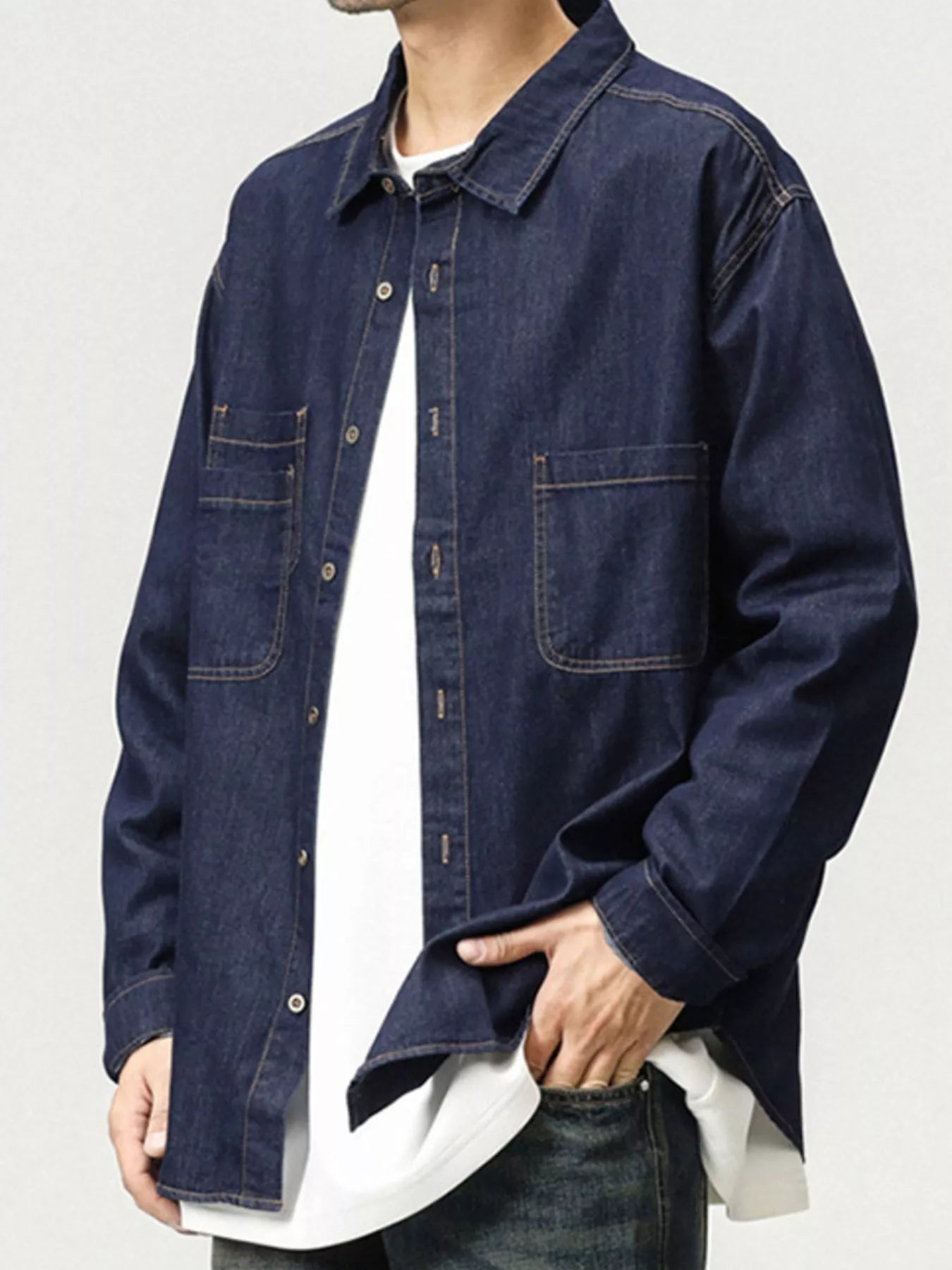 Men's Plus Size Button Up Long Sleeve Denim Shirt