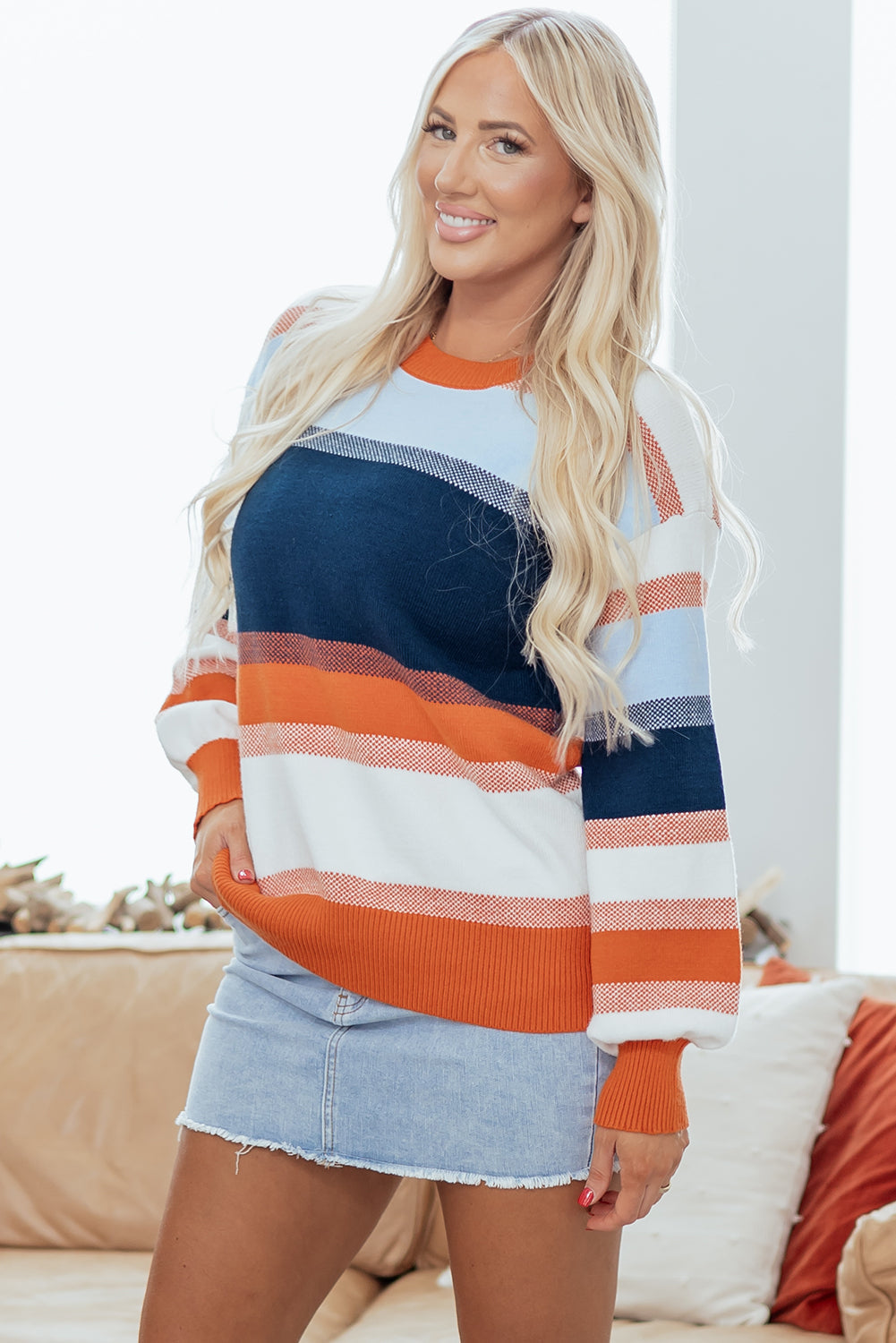 Colorblock Round Neck Long Sleeve Sweater