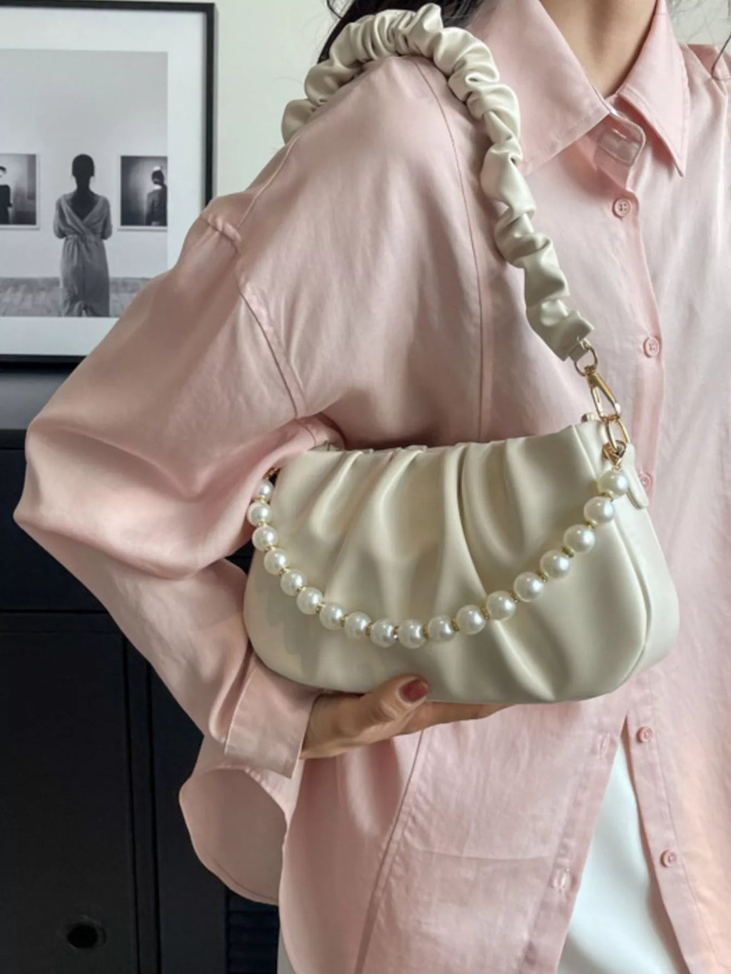 Ruched Shoulder Bag with Pearl Embellishment