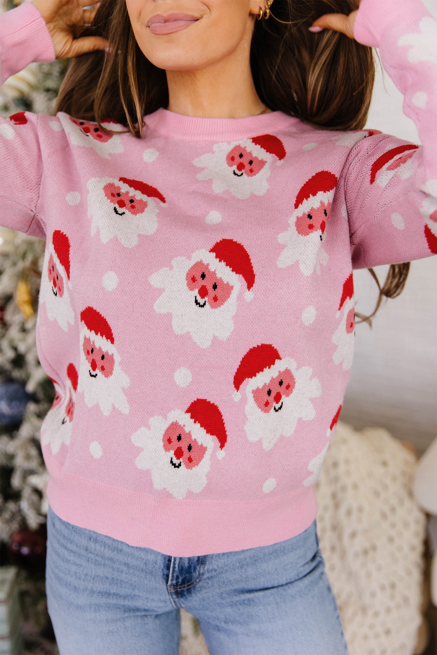 Pink Cartoon Santa Pattern Round Neck Dropped Shoulder Sweater