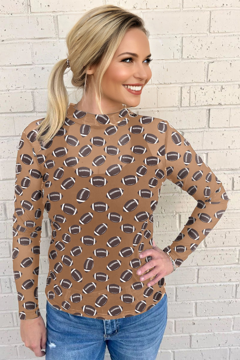 Brown Rugby Game Day Sheer Mesh Long Sleeve Top