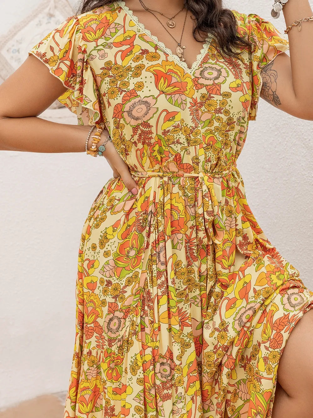 Printed V-Neck Flutter Sleeve Tie Waist Maxi Dress
