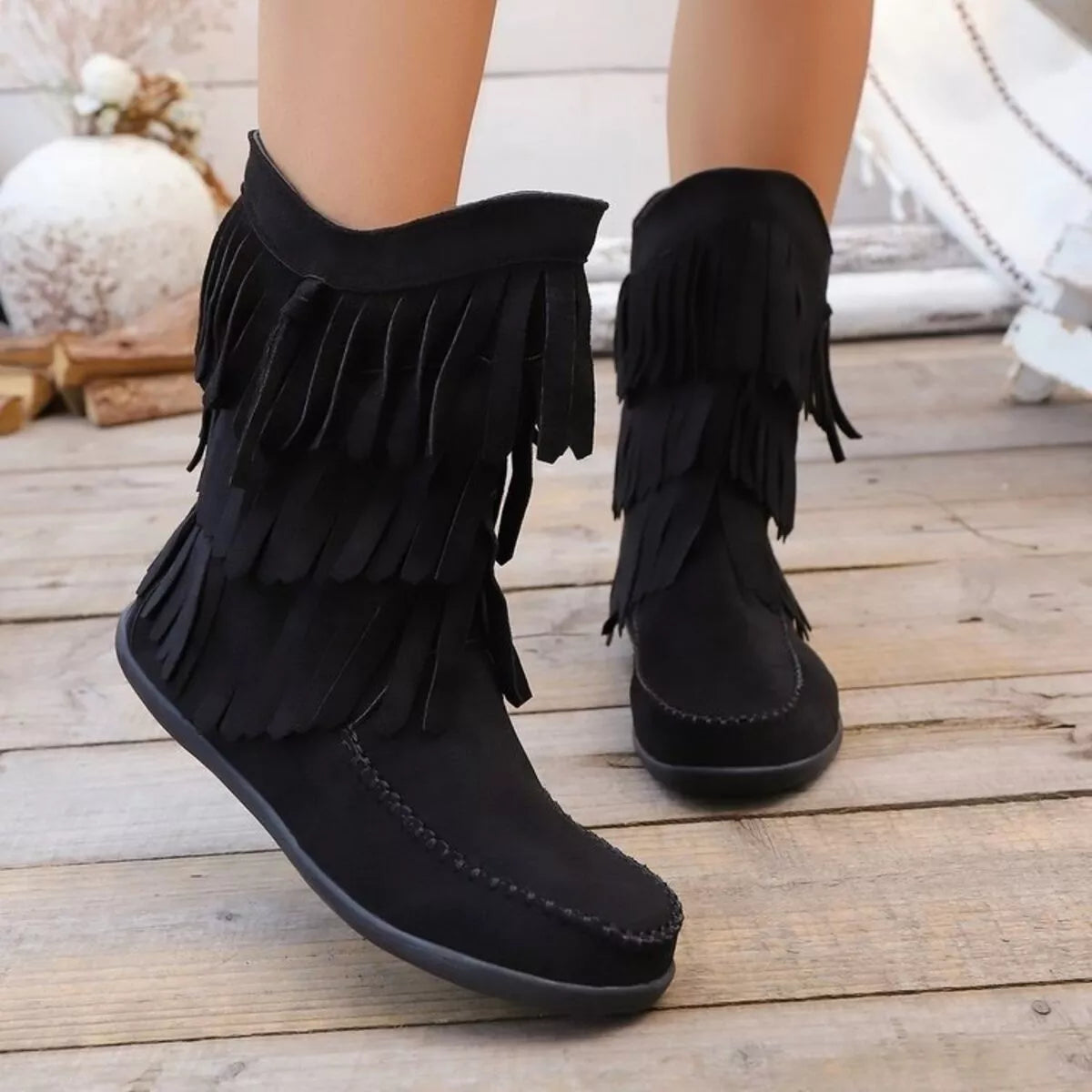 Fringe Round Toe Boots