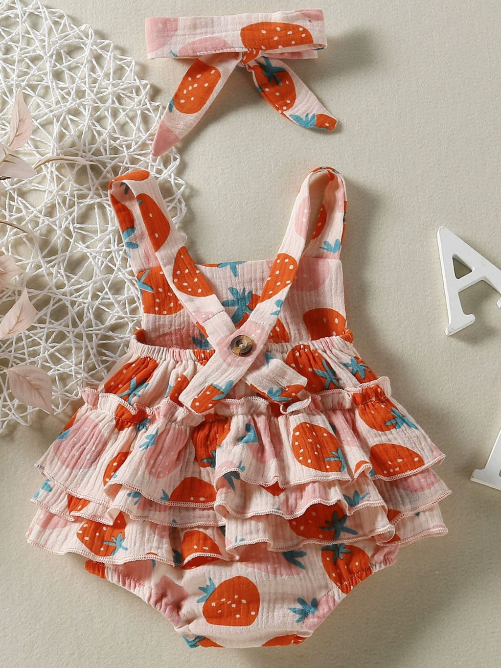 Children's Strawberry Print Ruffle Trim Bodysuit & Headband Set
