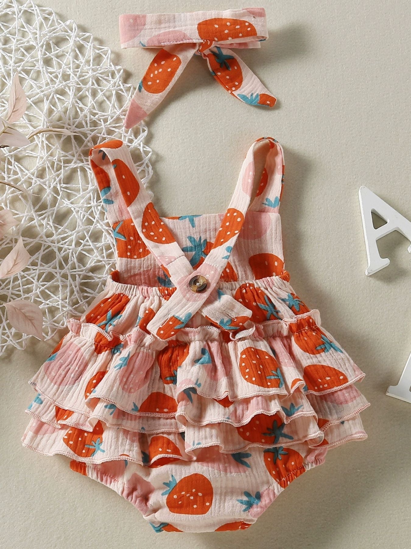 Children's Strawberry Print Ruffle Trim Bodysuit & Headband Set