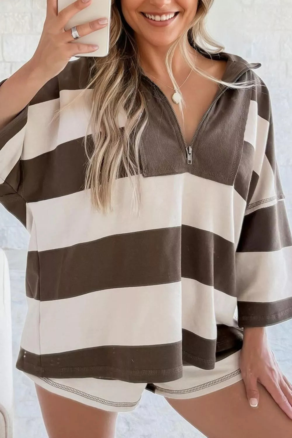 Striped Color Block Zip Collar 3/4 Sleeve Oversize Sweatshirt