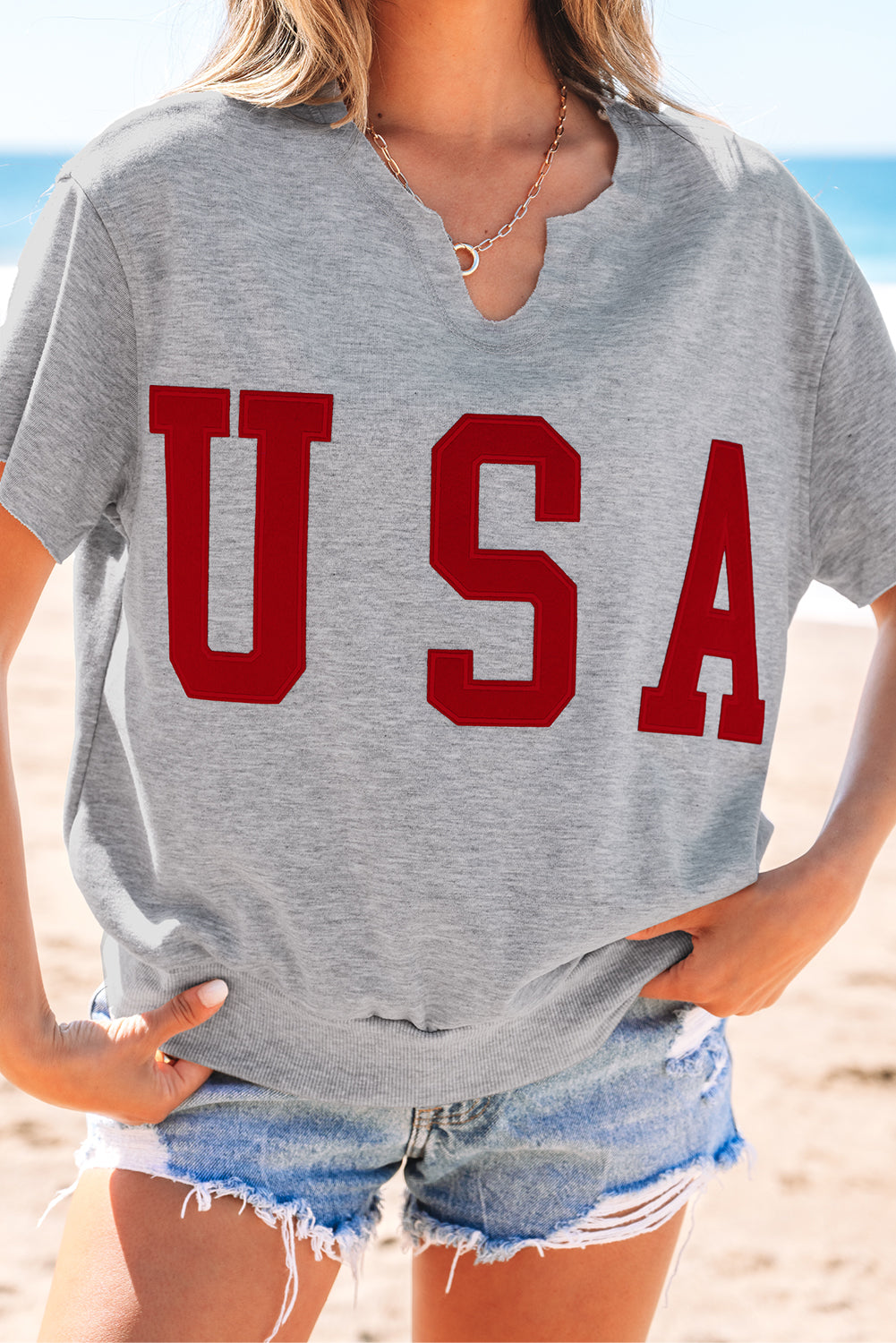 Light Grey USA Lettering Patch Notched Neck Loose Tee