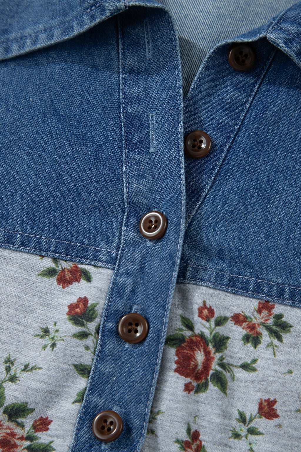 Gray Retro Floral Print Denim Patchwork Plus Size Polo Tee