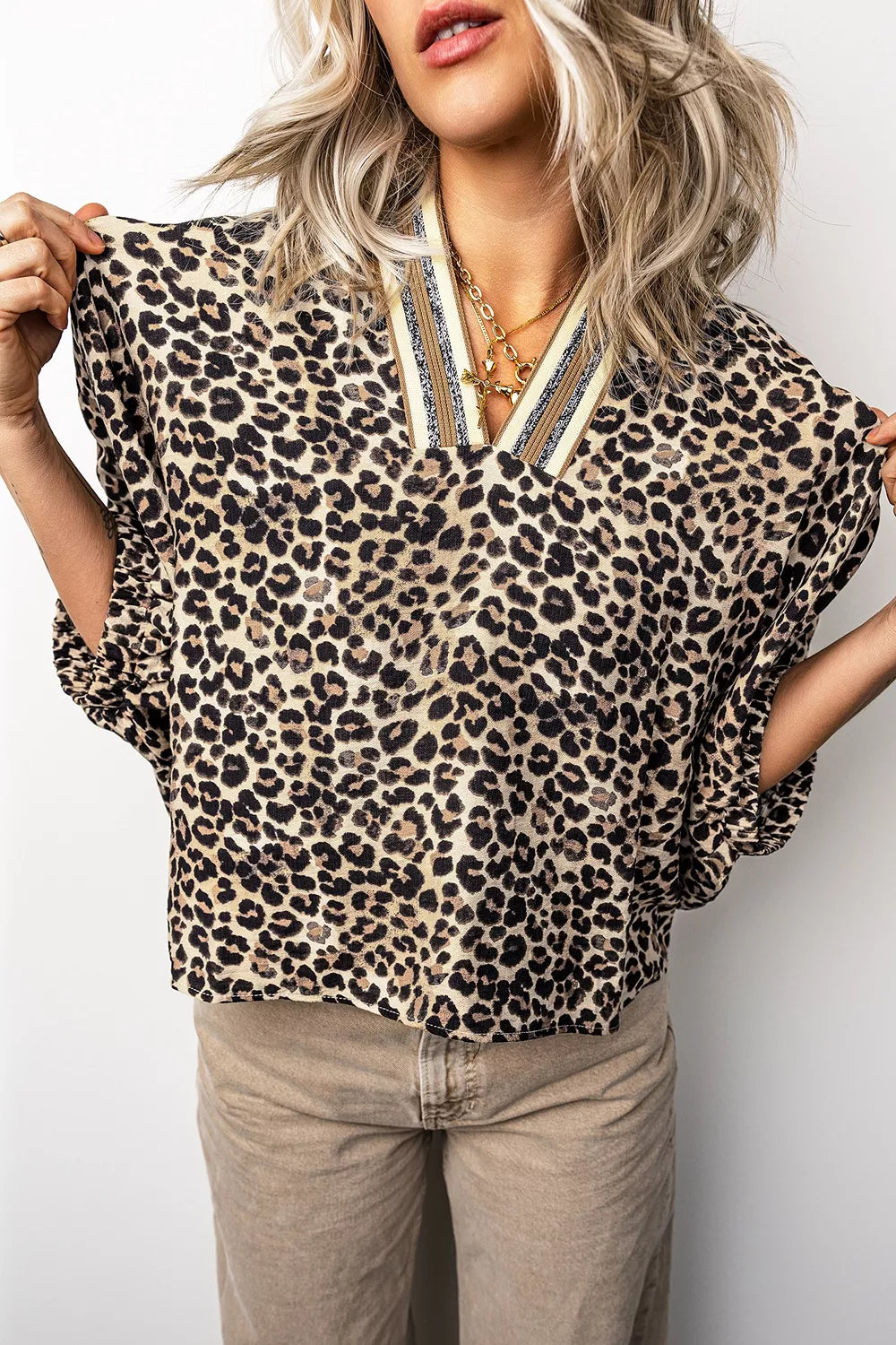 Leopard Contrast Trim V Neck Half Sleeve Western Dolman Blouse