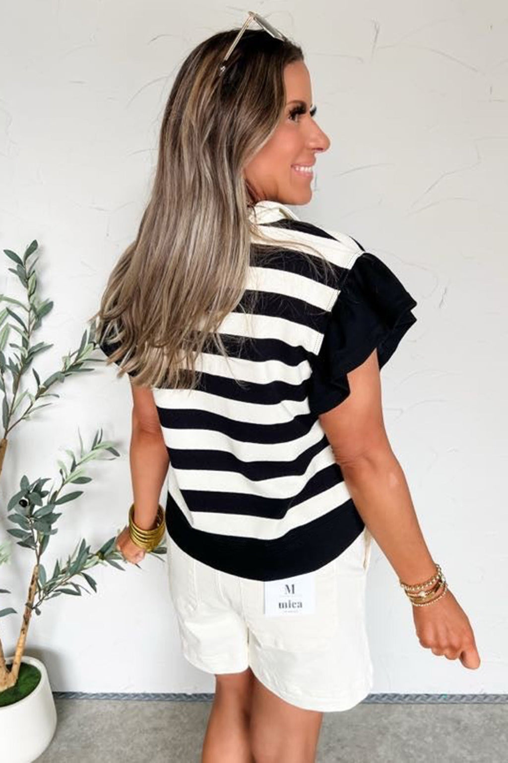 Black Stripe Collar V Neck Ruffled Short Sleeve Blouse