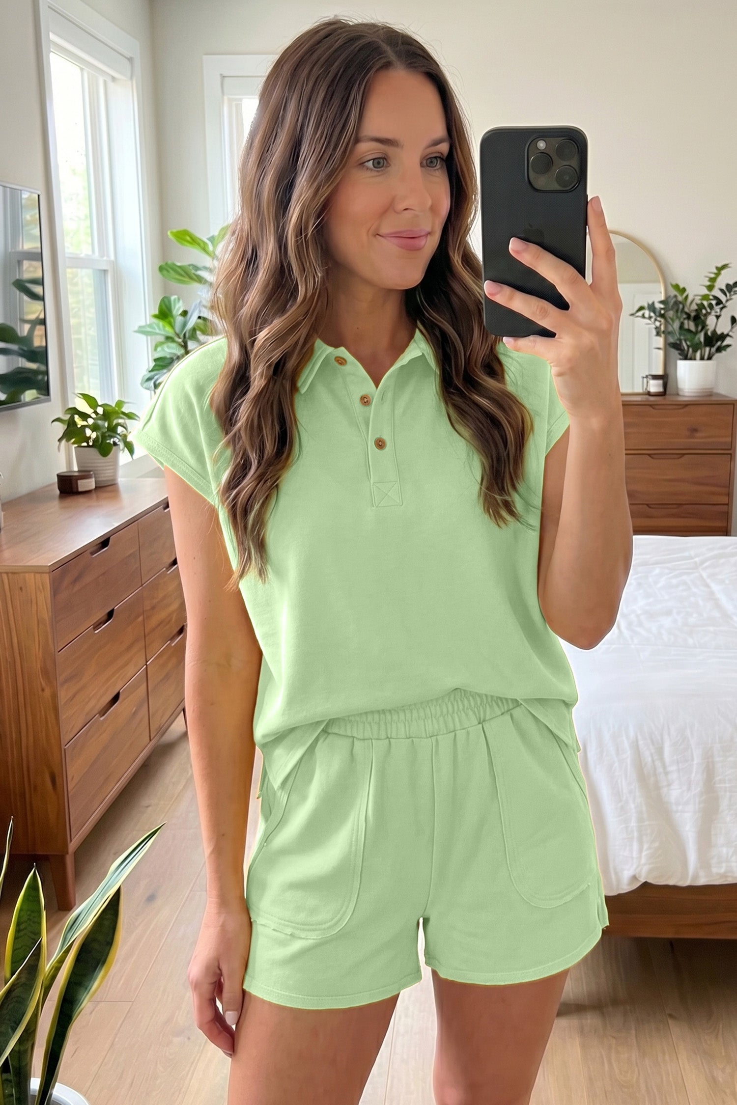 Light Green Loose Polo Tee Elastic Waist 2pcs Short Set