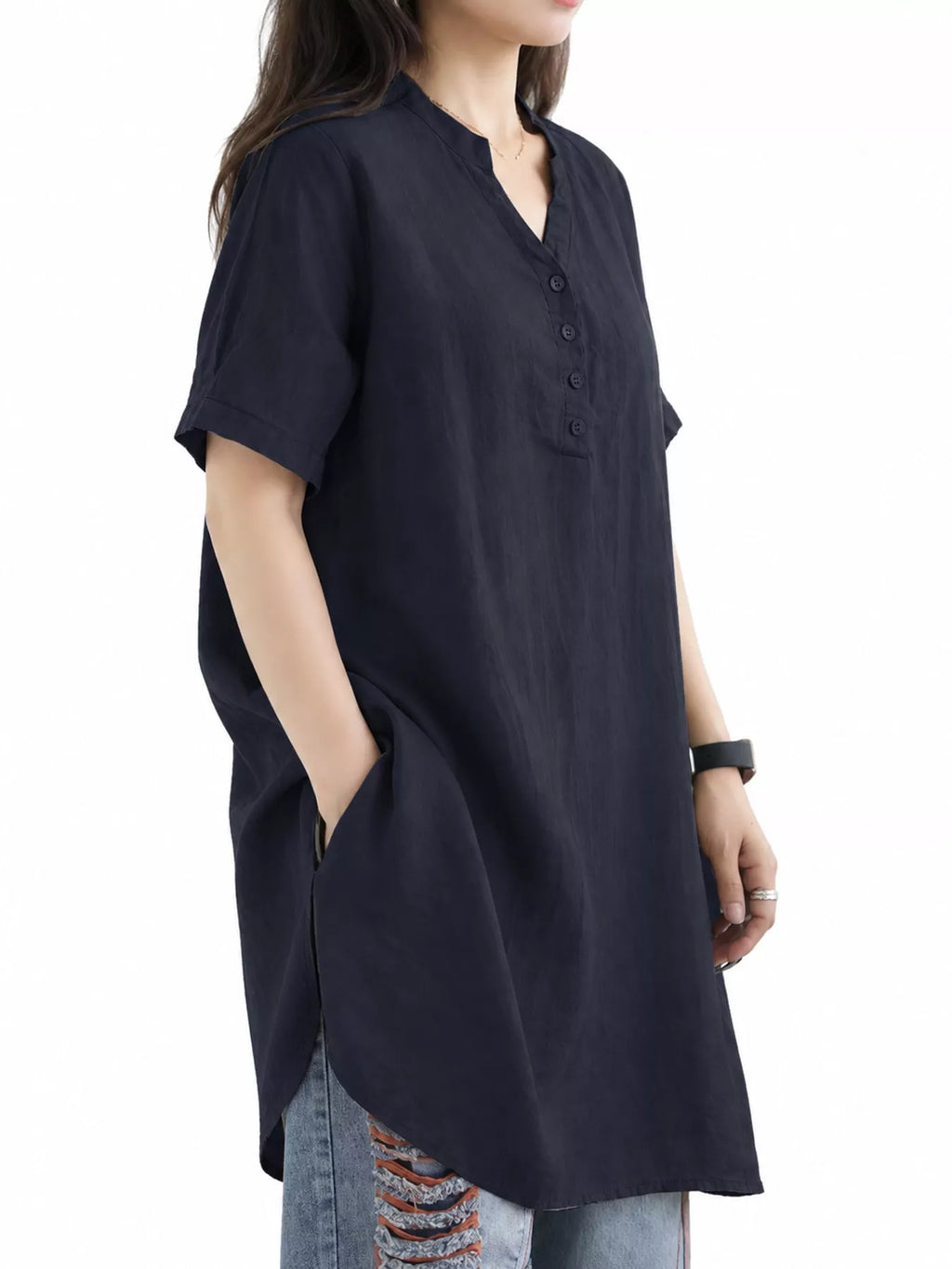 Full Size Notched Short Sleeve Oversize Blouse Plus Size
