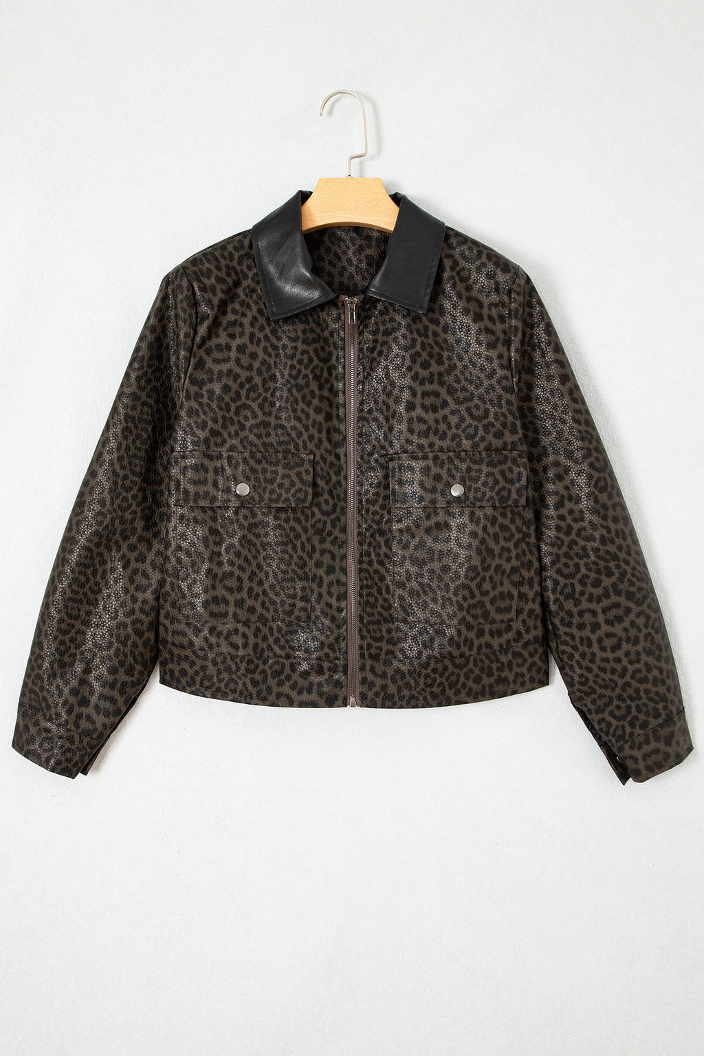Multicolour Leopard Print Colorblock Collar Metal Placket Jacket