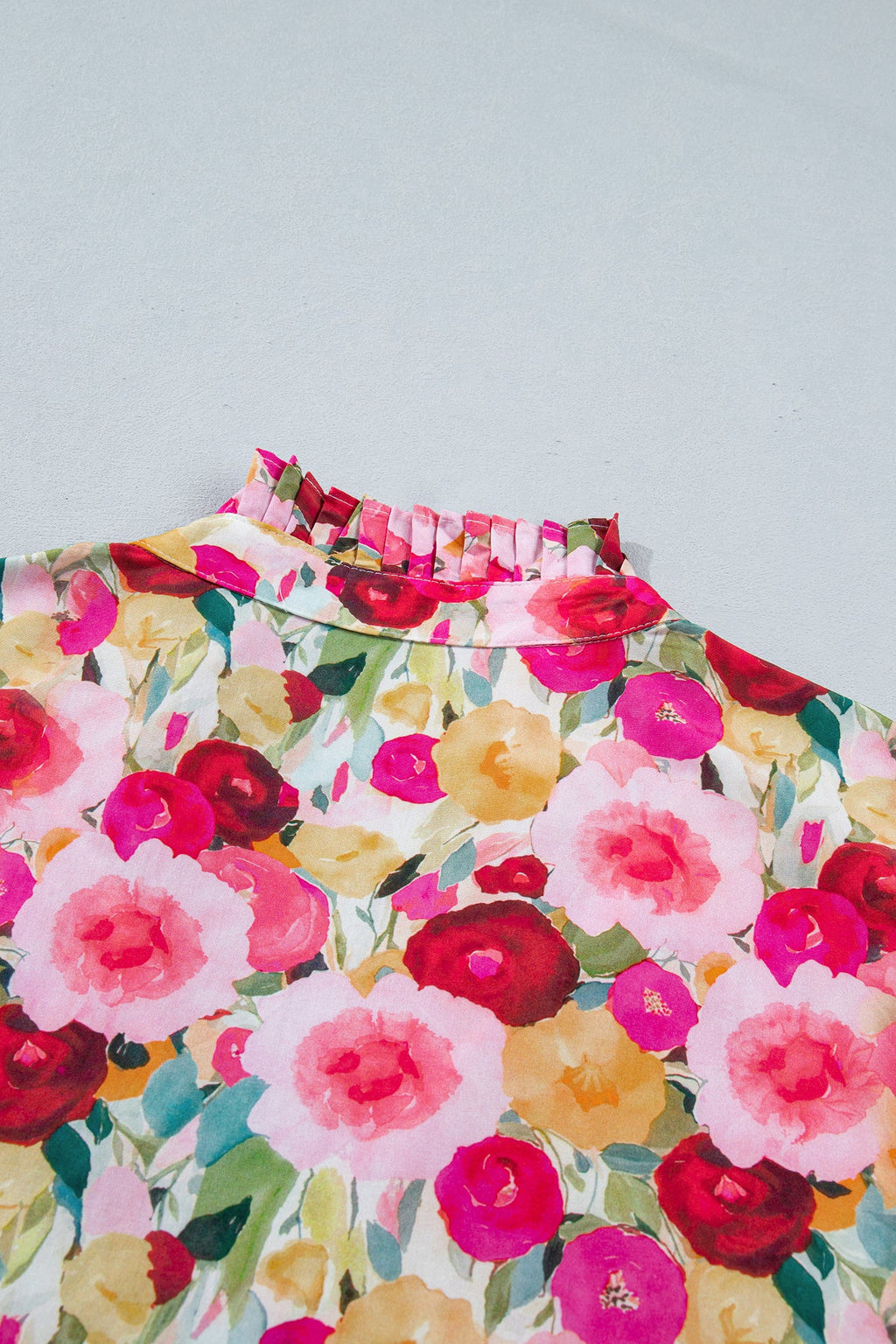 Pink Plus Size Flower Print Split V Neck Puff Short Sleeve Top