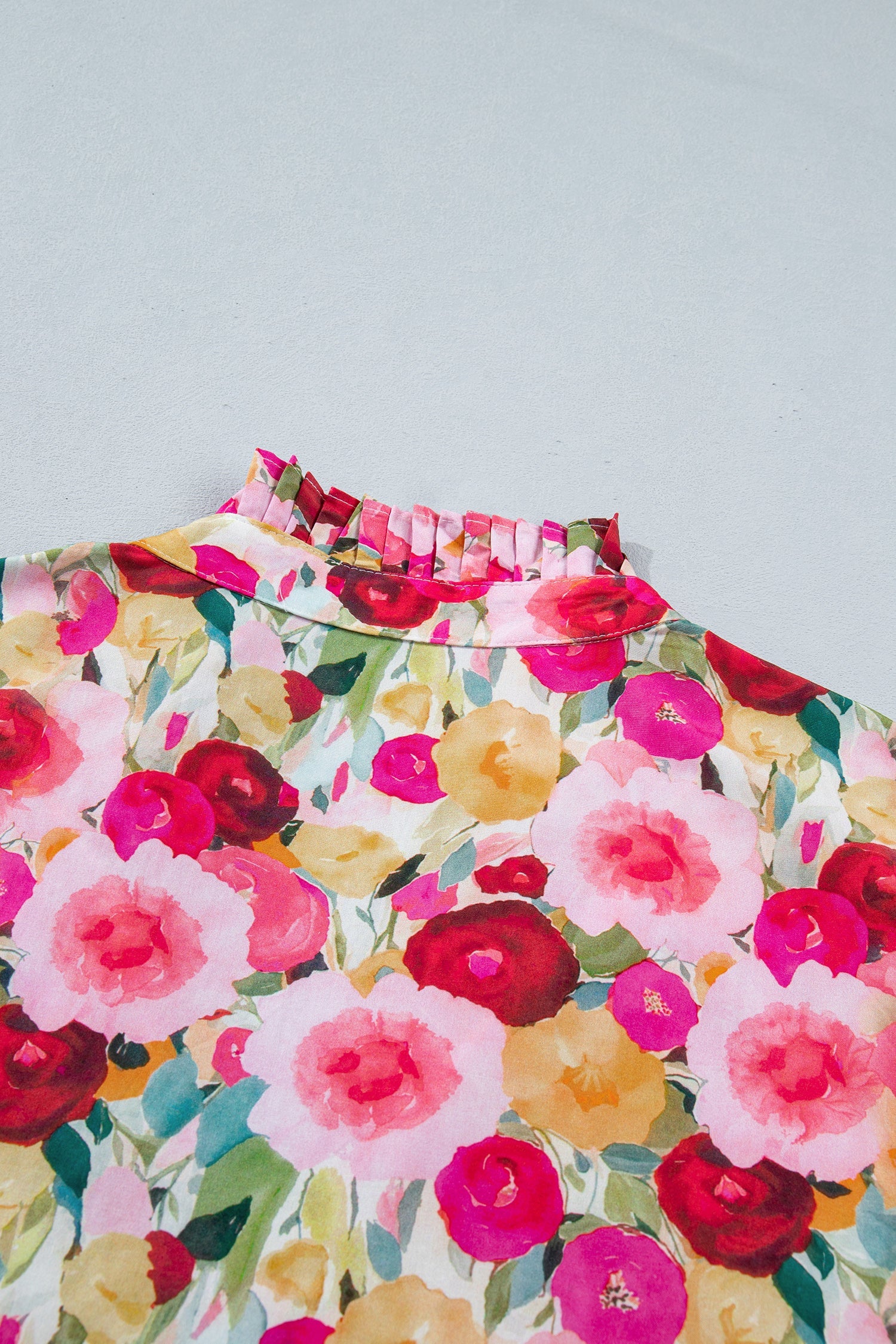 Pink Plus Size Flower Print Split V Neck Puff Short Sleeve Top