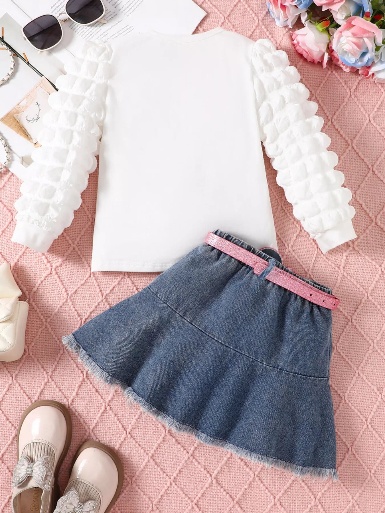Children's Letter Long Sleeve Top and Denim Skirt Set