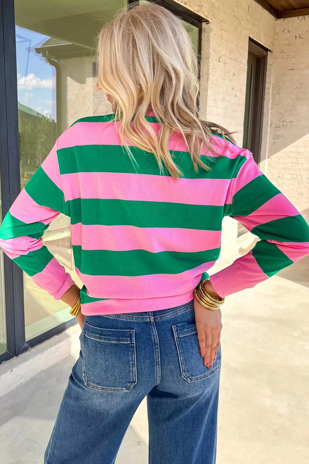 Stripe holly jolly Letter Embroidered Pullover Sweatshirt