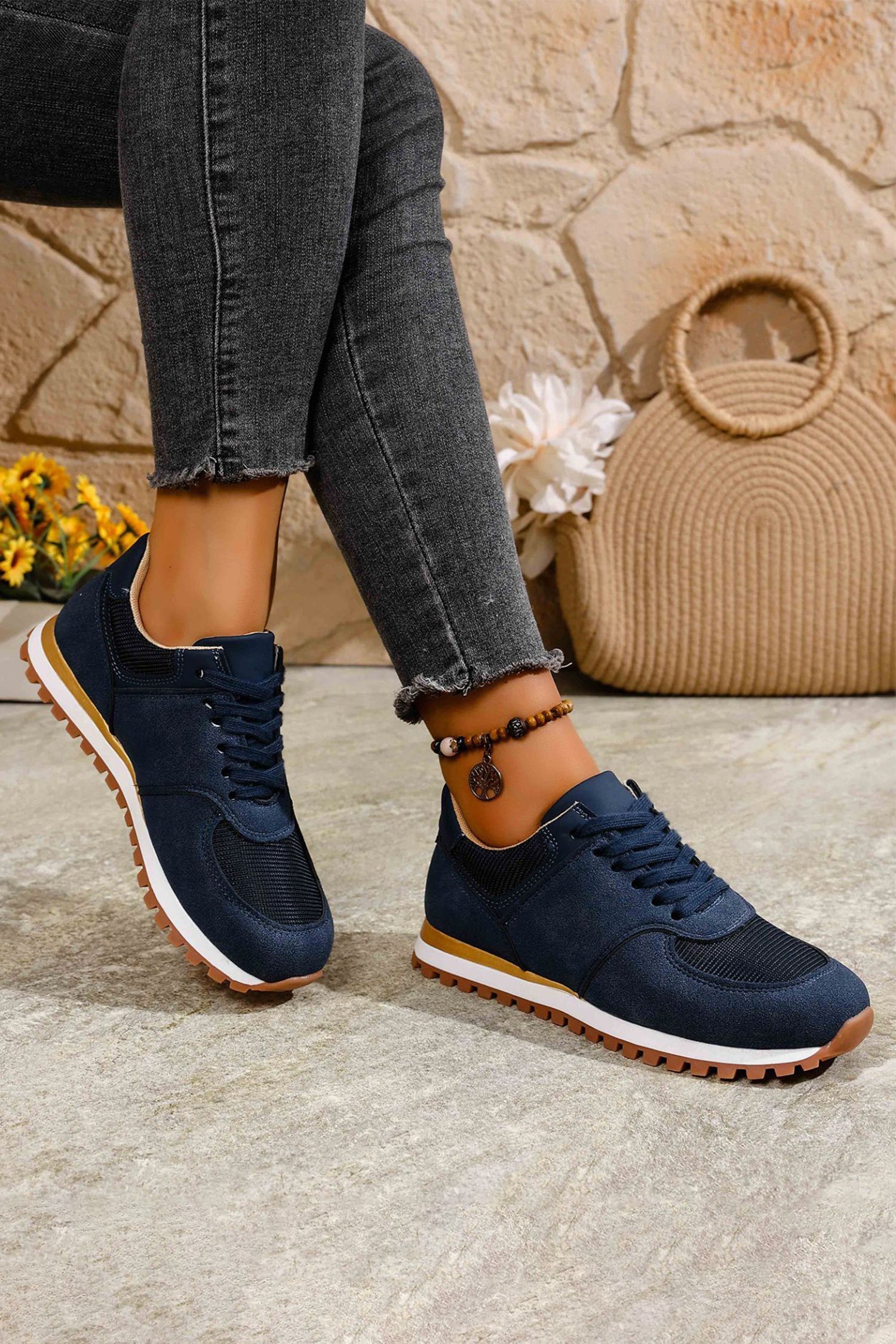 Navy Blue Faux Suede Mixed Patchwork Retro Jogger Sneakers