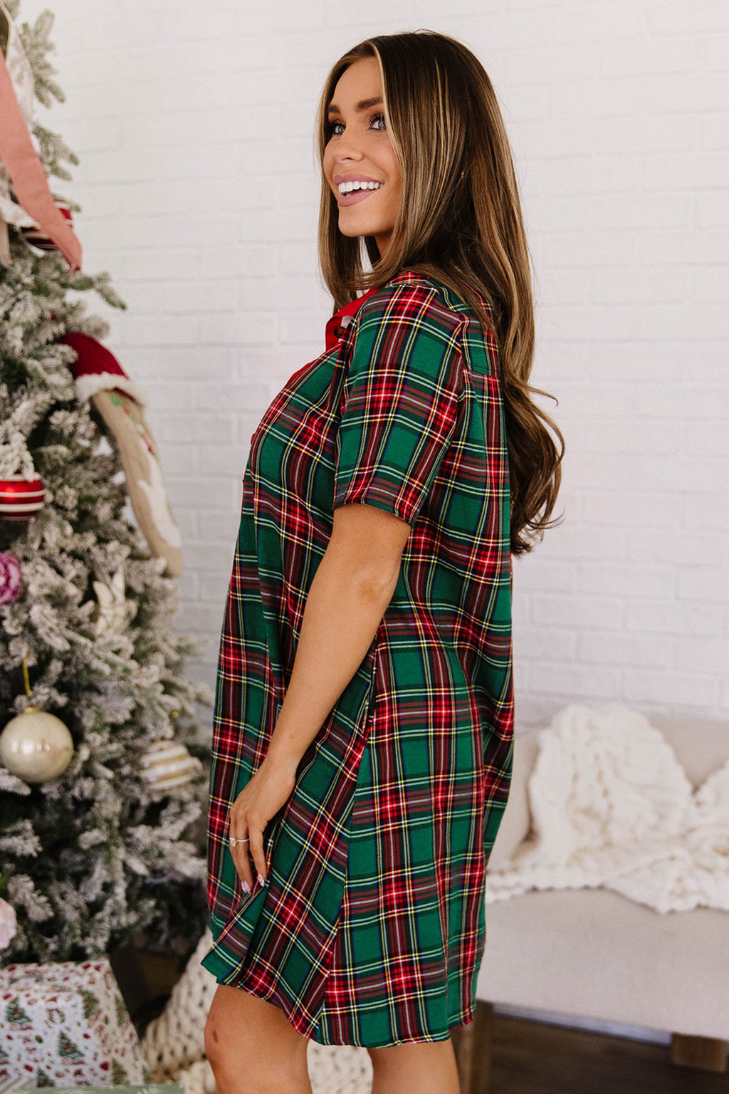 Green Plaid Button Front Short Sleeve Shift Dress