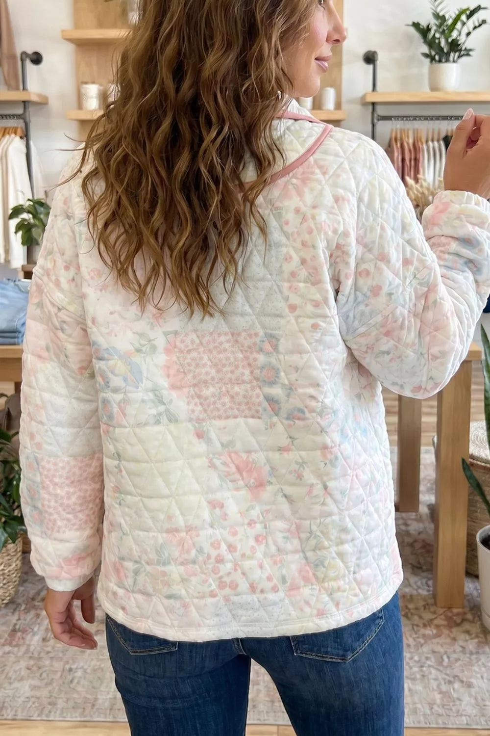 Floral Quilted Half Button Pocketed Pullover Sweatshirt