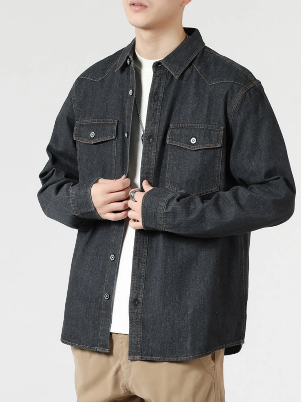 Men's Plus Size Washed Button Down Denim Shirt