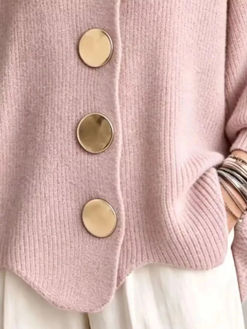 Full Size Gold Buttons Lantern Sleeve Cardigan Plus Size