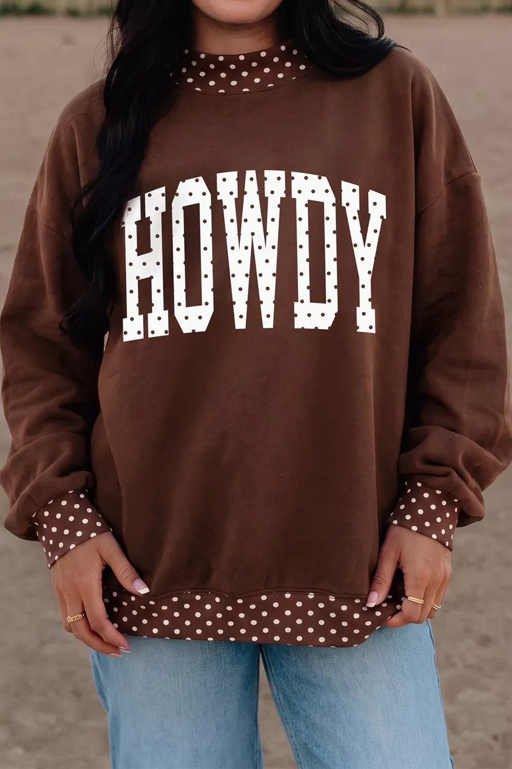 'HOWDY' Graphic Polka Dot Trim Sweatshirt