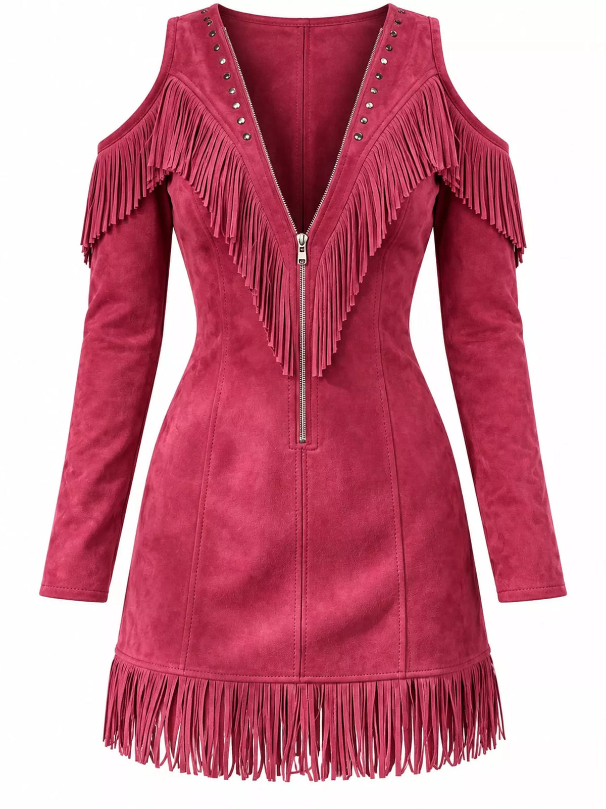 Full Size Fringed Cold-Shoulder Zip-Front Mini Dress Plus Size