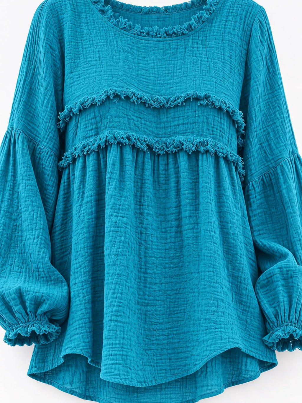 Full Size Boho Chic Textured Frayed Trim Peplum Blouse Plus Size