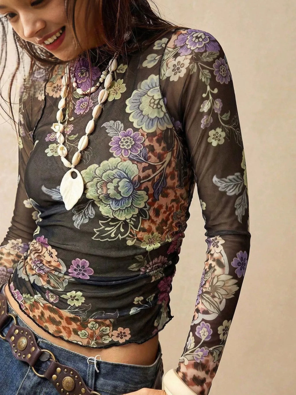 Floral Mesh Long Sleeve Top