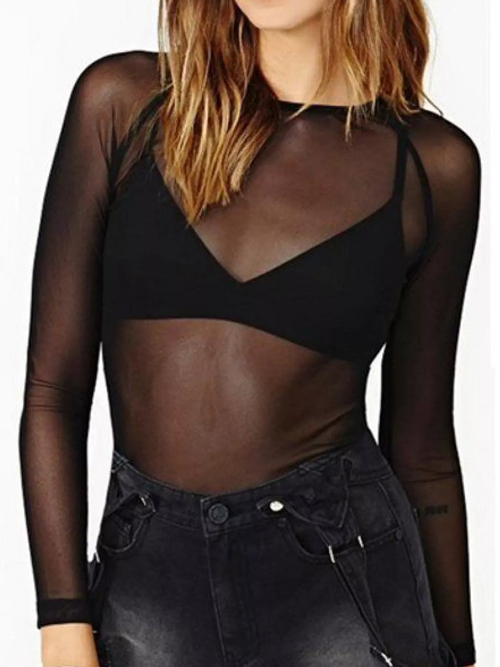 Full Size Sheer Mesh Long Sleeve Top Plus Size