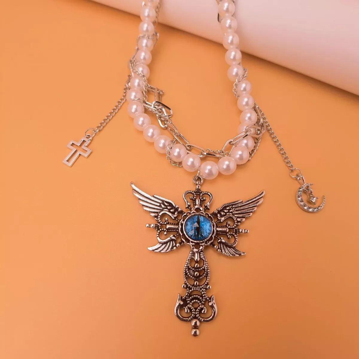 Gothic Pearl Double Layered Necklace with Wing Pendant
