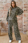 Gray Leopard Print Raw Seam Patchwork Pullover Drawstring Loose Pant Set