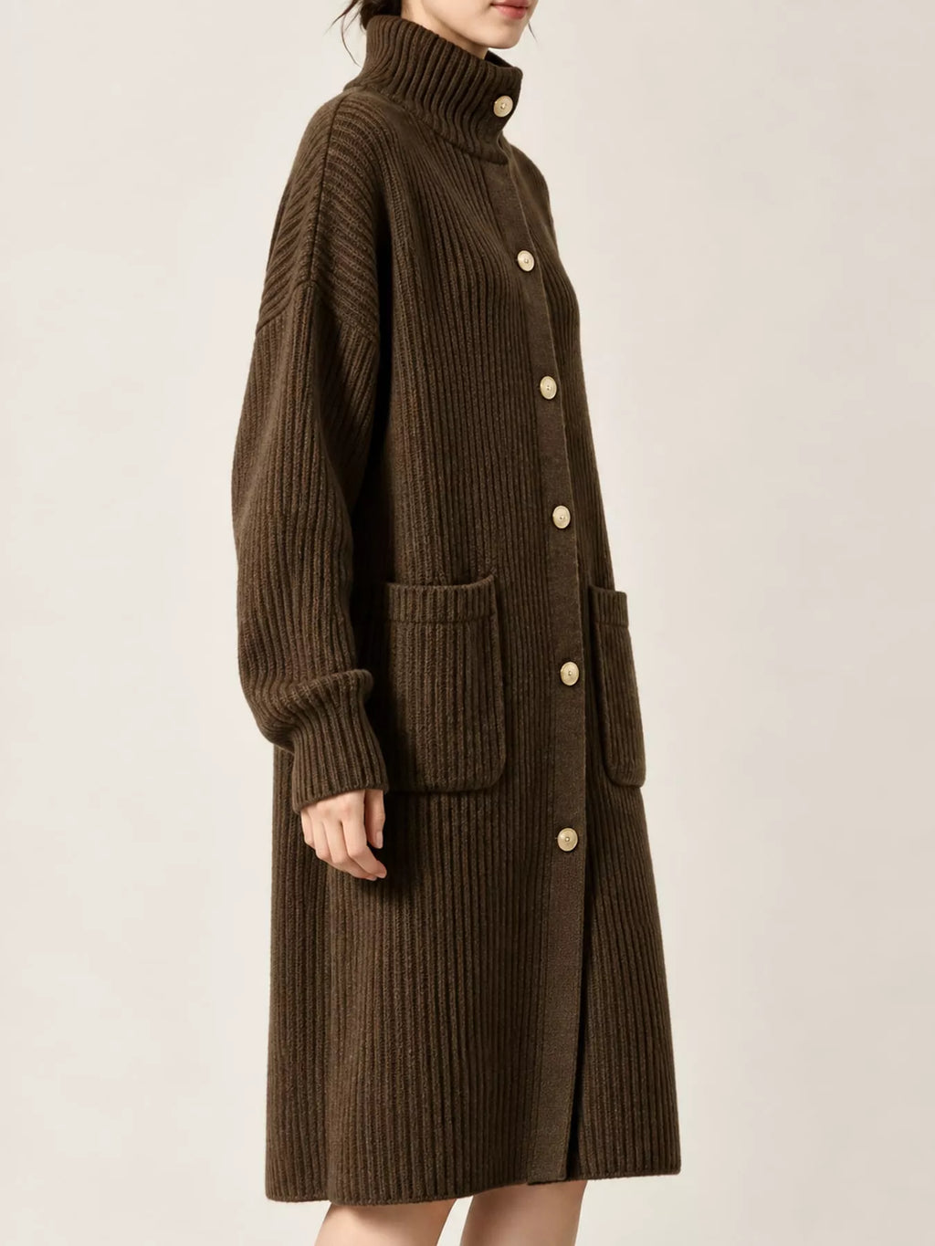 Ribbed Knit Turtleneck Button Up Longline Cardigan