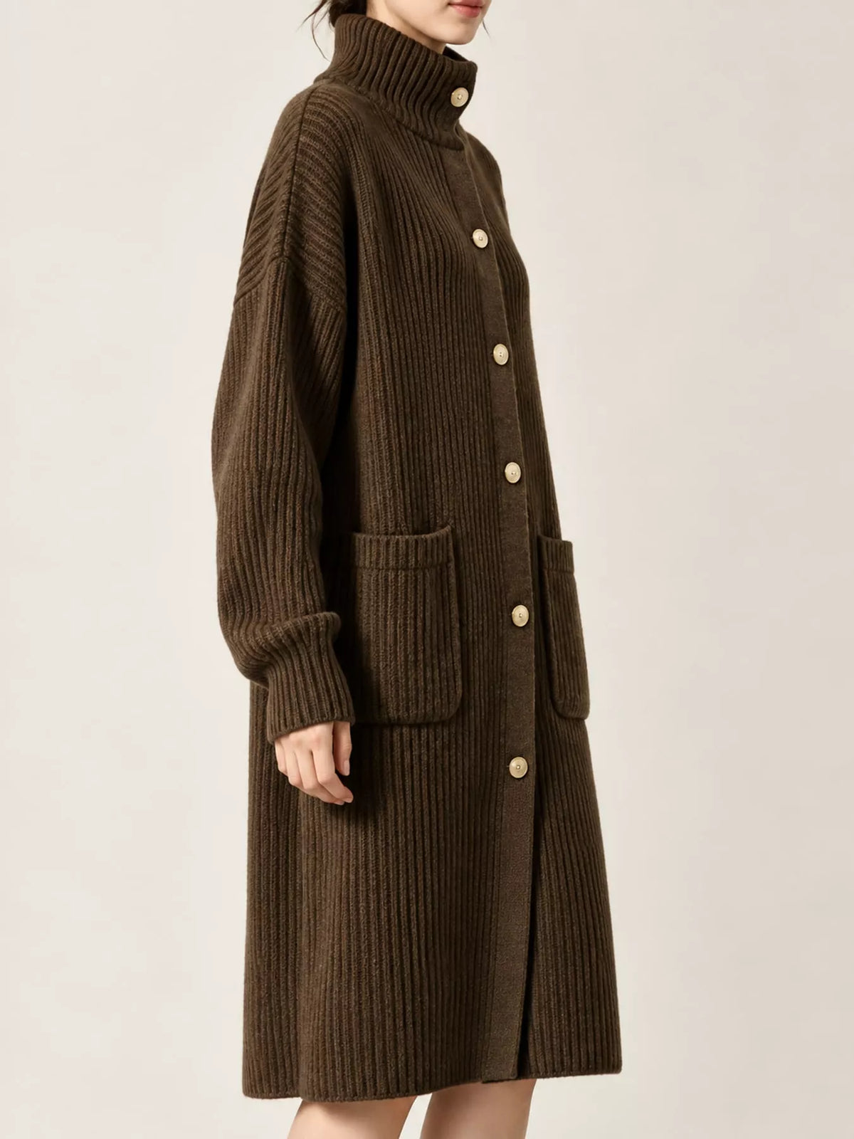Ribbed Knit Turtleneck Button Up Longline Cardigan
