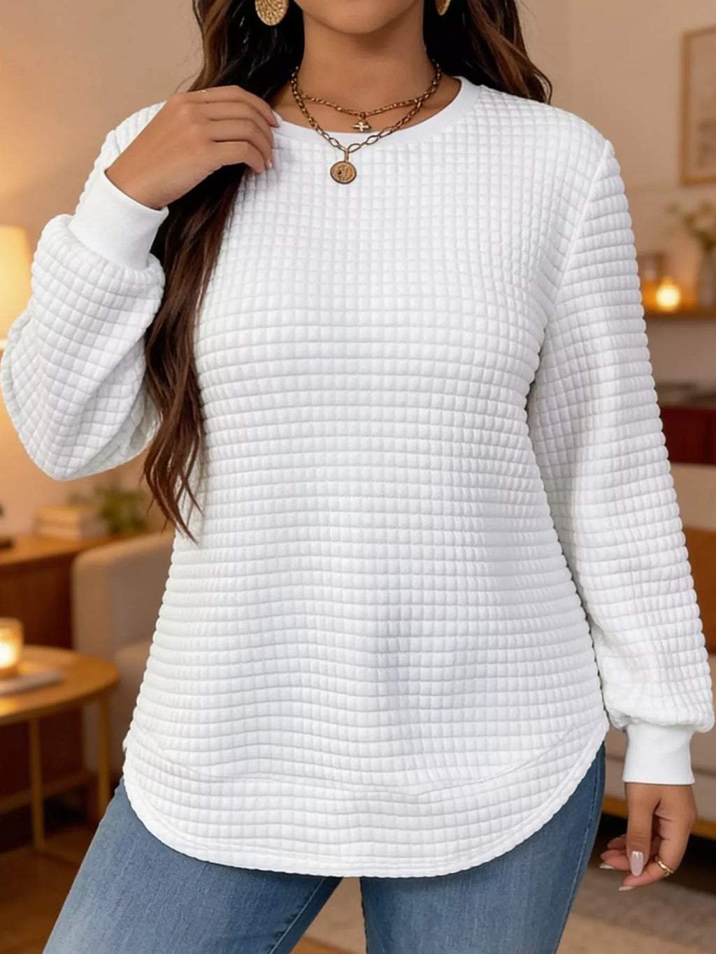 Plus Size Textured Waffle Knit Crew Neck Sweatshirt