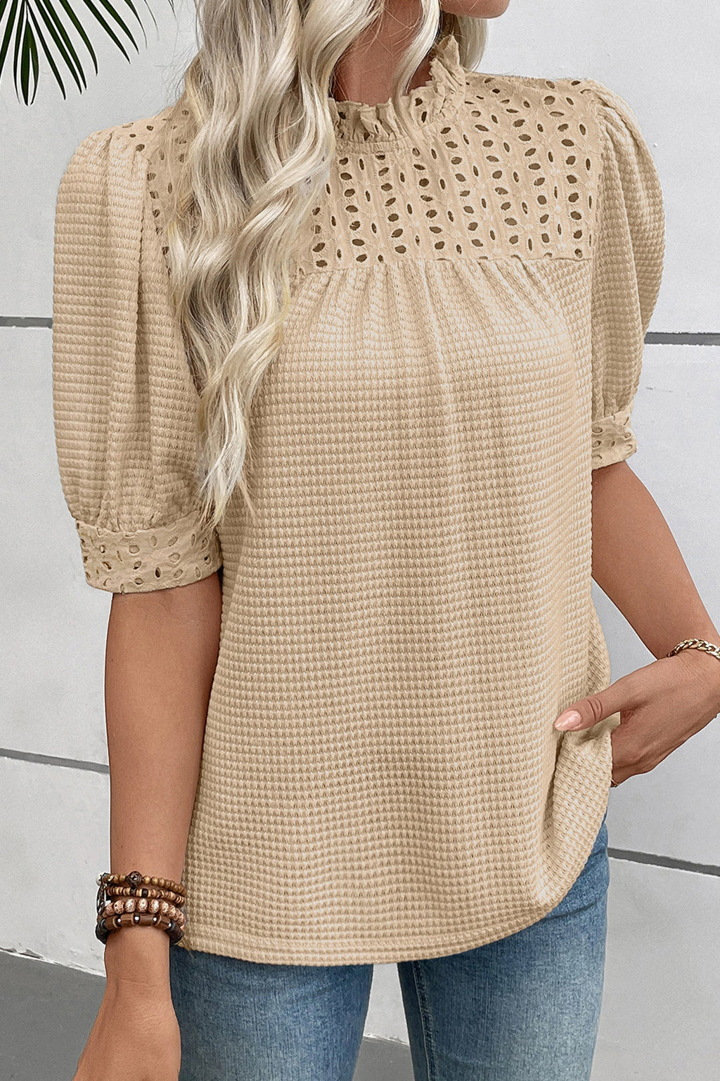 Parchment Textured Knit Eyelet Embroidered Patchwork Ruffled Neck Short Sleeve Blouse