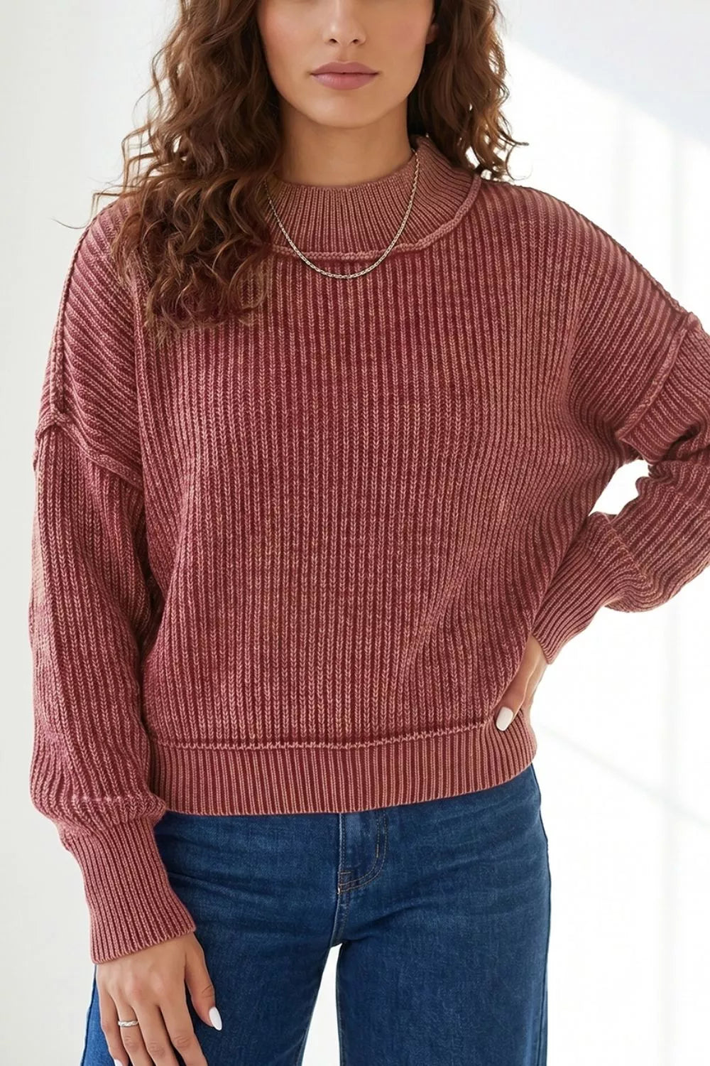 Drop Shoulder High Neck Ribbed Sweater