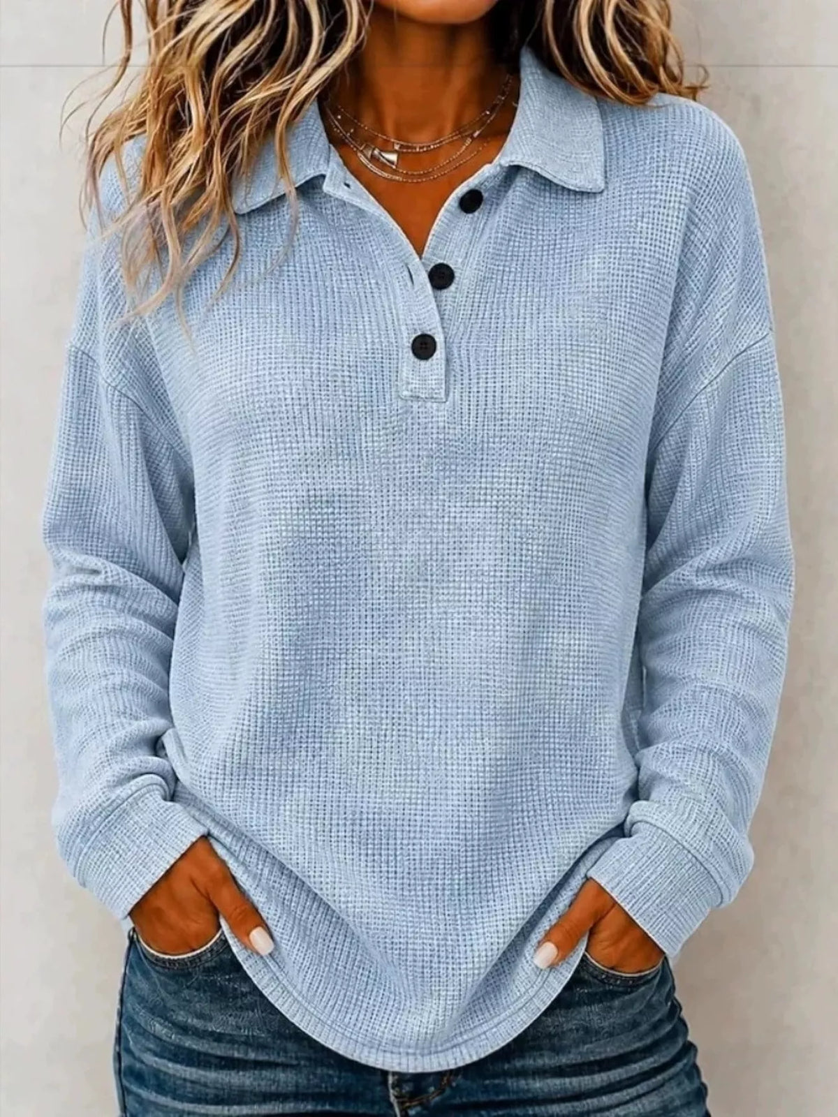 Full Size Waffle Knit Dropped Shoulder Polo Top Plus Size