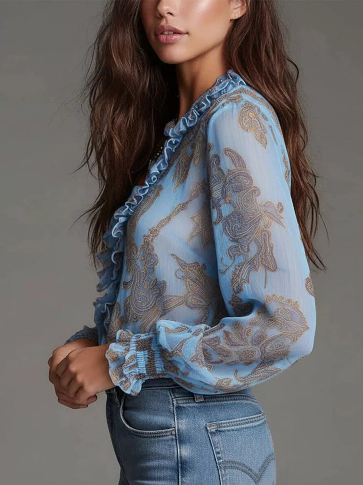 Full Size Paisley Print Ruffle Trim Zip-Front Blouse Plus Size